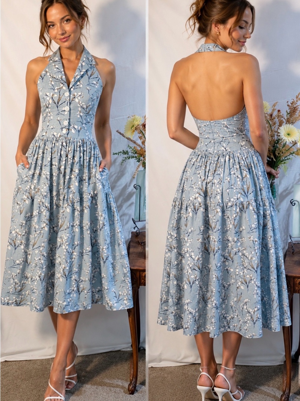 Hearts and Found Floral Button Bodice Halter Fit & Flare Dress Pockets Sz  L💚